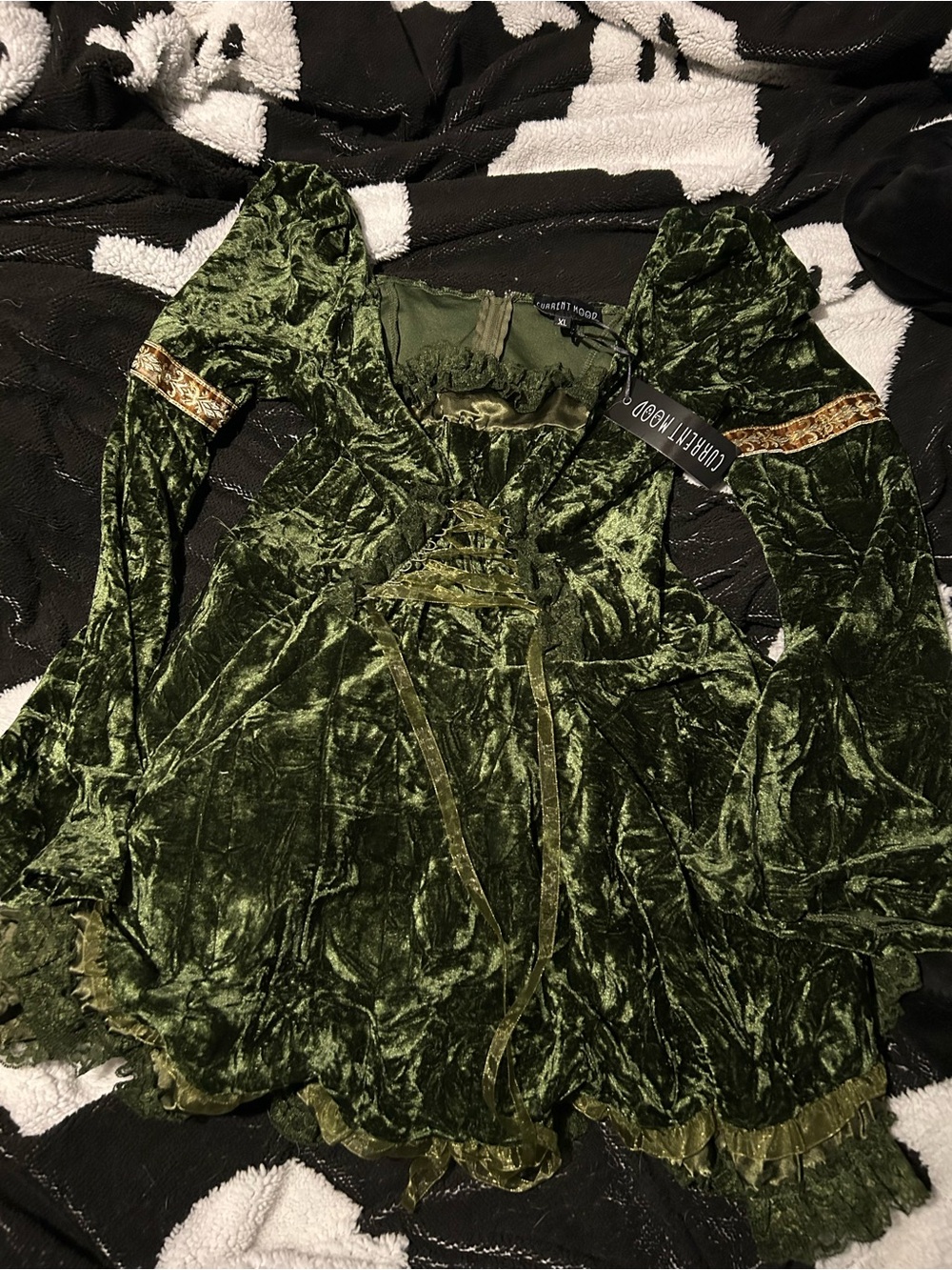 Dolls Kill Olive Green Crushed Velvet Lace-Up Mini Dress